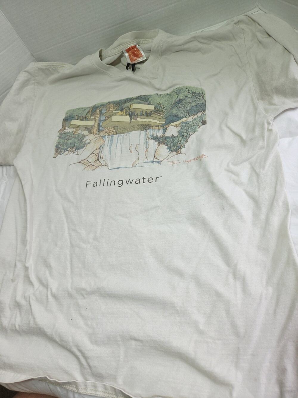 Vintage 90s Fallingwater T-Shirt Men's L LS Ivory Frank Lloyd Wright Artsy
